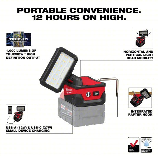 MILWAUKEE Flood Light: M18™, Work Light, 1,000 lm Max., 4 Modes, 2 11/16 in Max. Ht, 18V DC