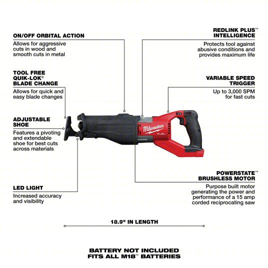 Milwaukee M18 FUEL™ SUPER SAWZALL® Reciprocating Saw, 18 V, 1-1/4 in (Tool Only)