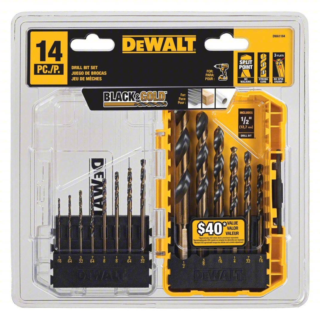 DEWALT Jobber Length Drill Bit Set: 14 Pc, 1/16" to 1/2", 135° Split Point, Black & Gold HSS