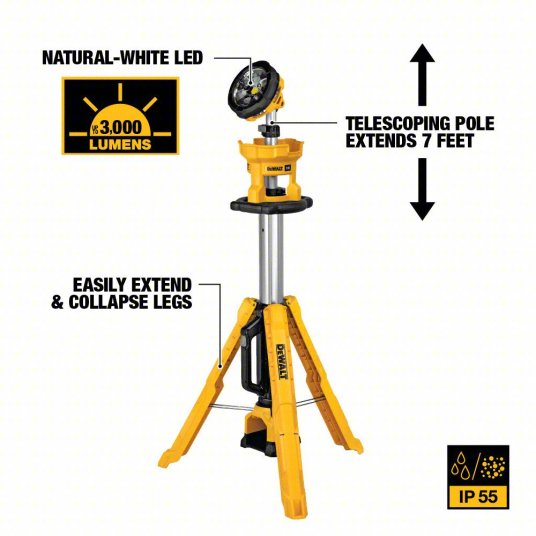 DeWalt Tripod Light: 20V MAX*, Tripod Light, 3,000 lm Max., 3 Modes, 88 in Max. Ht, 20V DC