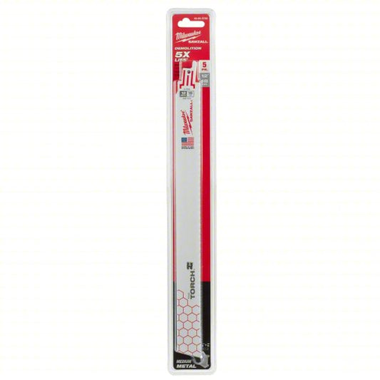 Milwaukee Reciprocating Saw Blade: 18 Teeth per Inch, 12 in Blade Lg, 0.04 in Blade Thick, 5 PK