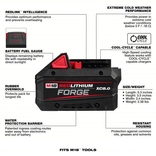 Milwaukee Battery Pack: M18™, 8 Ah, Battery Included, 18V DC