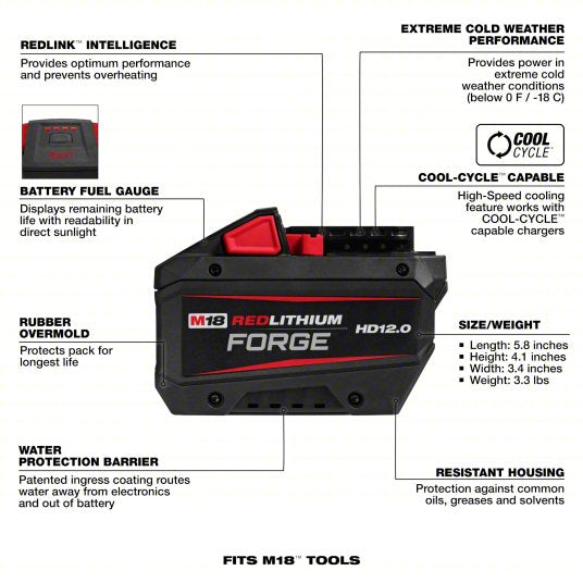 Milwaukee Battery Pack: M18™, 12 Ah, Battery Included, 18V DC
