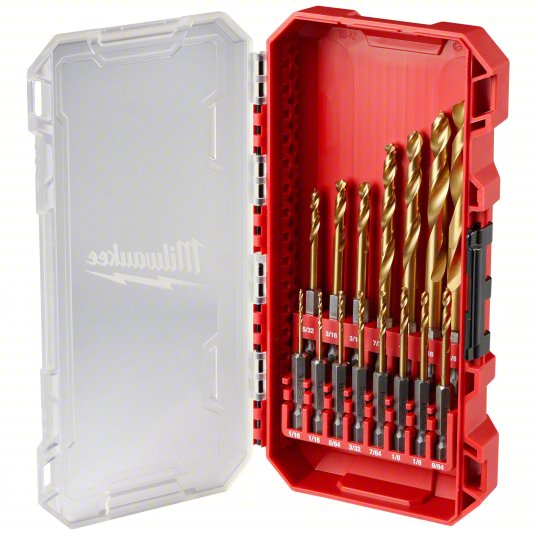 Milwaukee Hex Shank Drill Set: 15 Pc, 1/16" to 3/8", 135° Split Point, TiN-Coated HSS