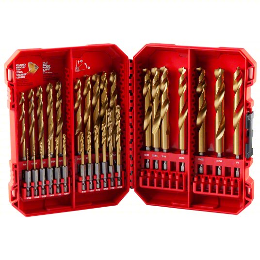 Milwaukee Hex Shank Drill Set: 29 Pc, 1/16" to 1/2", 135° Split Point, TiN-Coated HSS